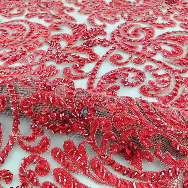 Custom Luxury Heavy Made Embroidery Tulle Beads Lace Mesh Beaded Fabric