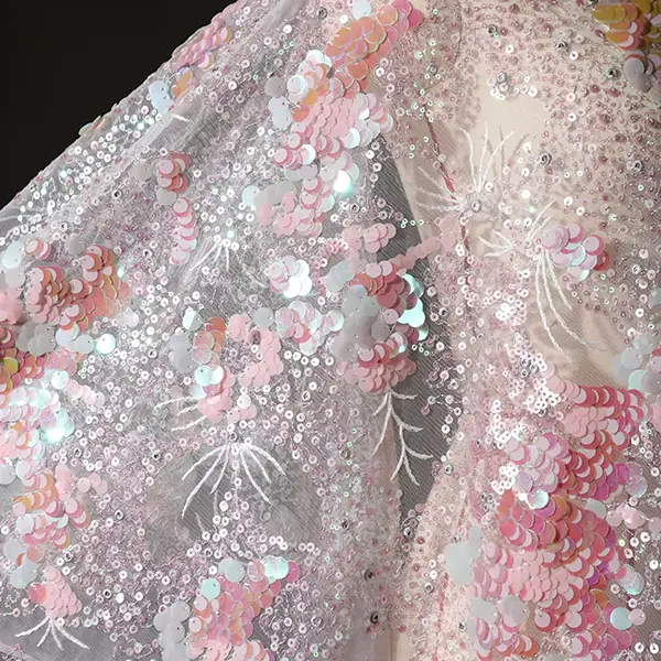 Custom Luxury Heavy Made Embroidery Tulle Beads Lace Mesh Beaded Fabric