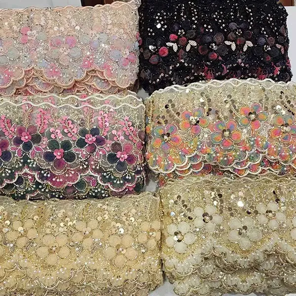 Багатобарвне вишите мереживо з тривимірною сіткою, квіти, стрічка, бісерна трубка, мереживо для вишивки зі штрих-кодом